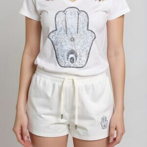 Women's Two Piece,Set Women's Rhinestone Hamsa Graphic Shirt V- Collar Short